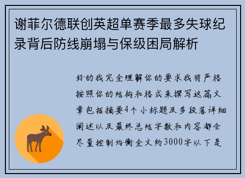 谢菲尔德联创英超单赛季最多失球纪录背后防线崩塌与保级困局解析 谢菲尔德联创英超单赛季最多失球纪录背后防线崩塌与保级困局解析